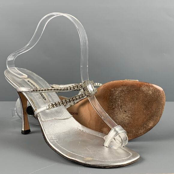 MANOLO BLAHNIK Size 10.5 Silver Leather Strappy Sandals - Picture 5 of 10